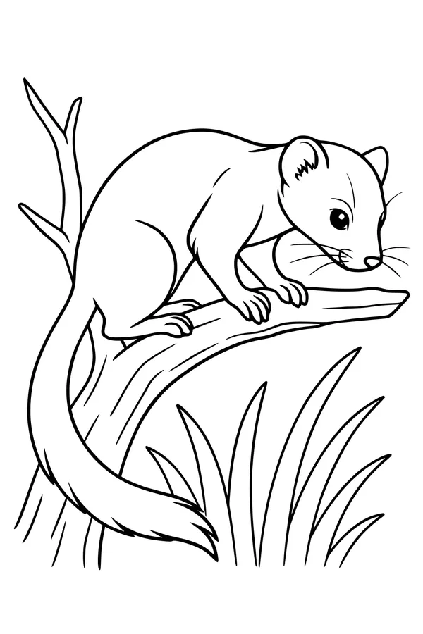 Free Weasel Coloring Page - Balancing on a Forest Branch (Printable PDF)