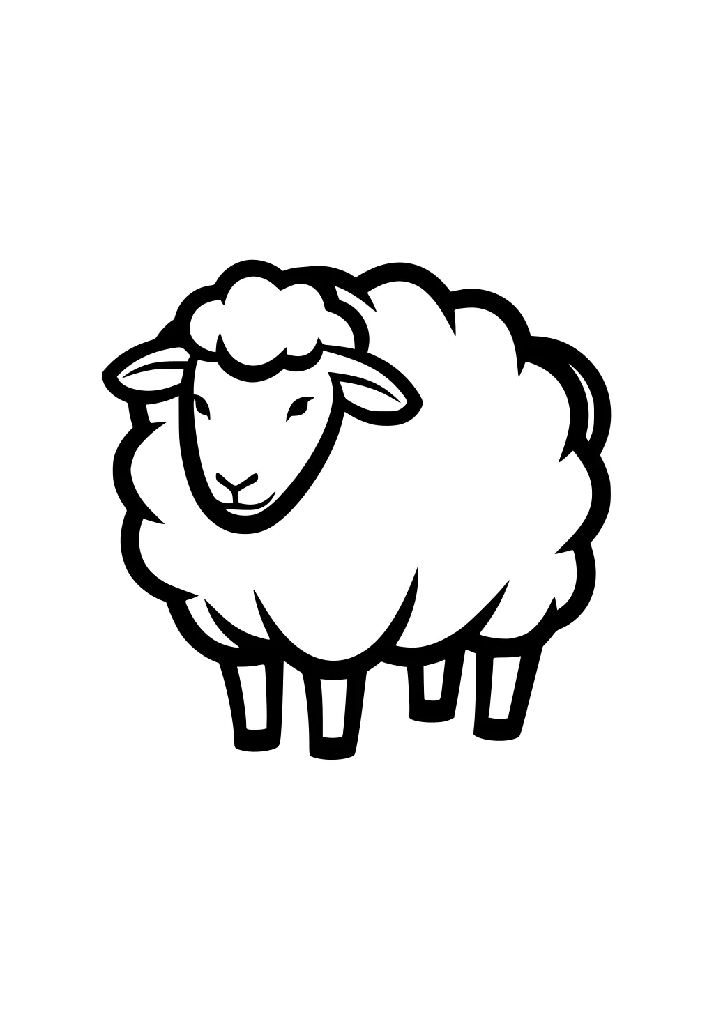 Outlined sheep with fluffy wool, four legs, two ears, and a small curled tail on a blank background.