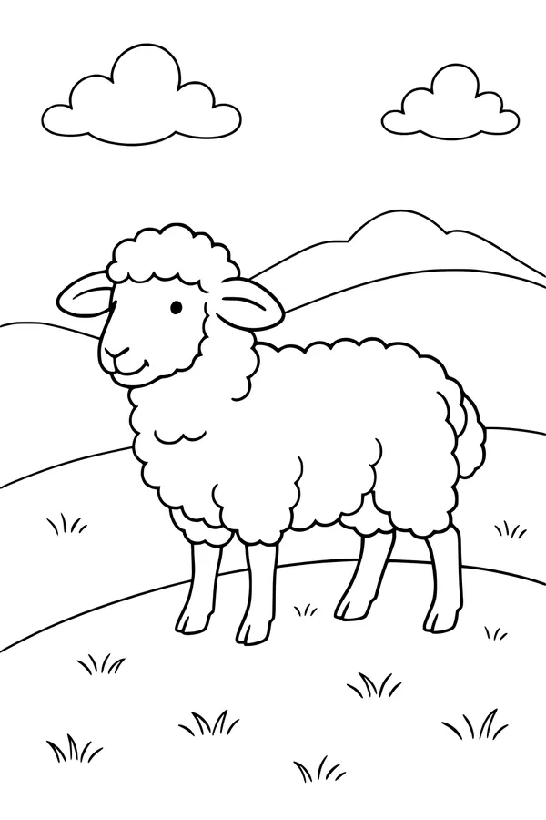Free Sheep Coloring Page - Fluffy Friend on a Sunny Hill (Printable PDF)