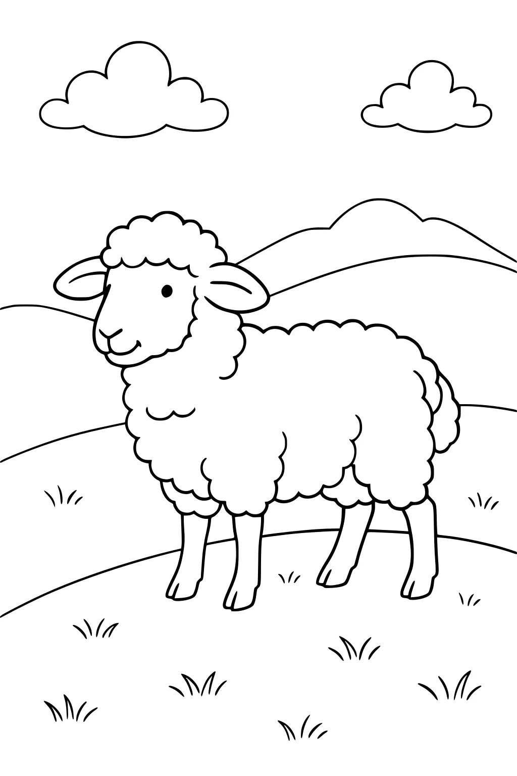 A sheep stands on a grassy hill with two clouds above and hills in the background.
