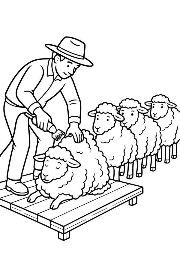 Free Sheep Coloring Page - Farmer Shearing Woolly Sheep in Line (Printable PDF)