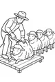 Free Sheep Coloring Page - Farmer Shearing Woolly Sheep in Line (Printable PDF)