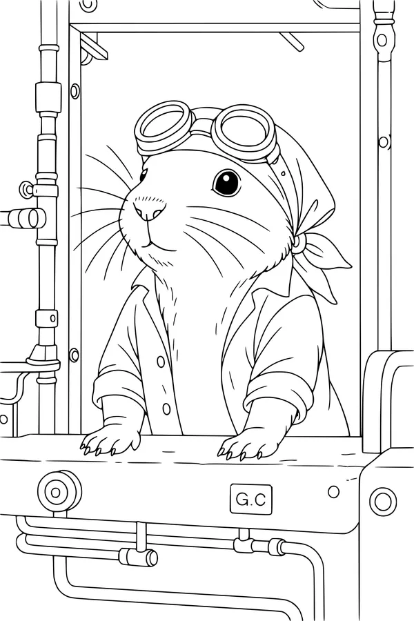 Free Hamster Coloring Page - Cute Engineer at the Controls (Printable PDF)
