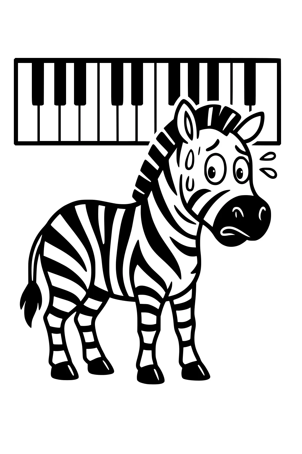 Cartoon zebra with worried face and sweat drops beneath a large piano keyboard; bold stripes, big eyes, simple background.