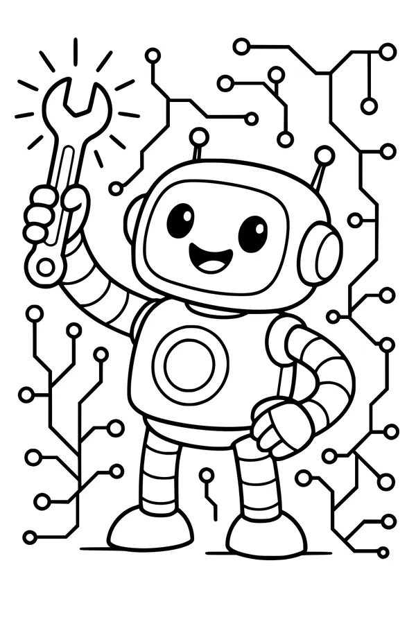 Free Robot Coloring Page - Smiling Fix-It Bot With Wrench (Printable PDF)