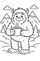 Free Yeti Coloring Page - Cozy Bigfoot With Hot Mug in Snowy Mountains (Printable PDF)