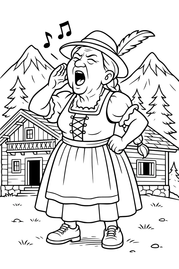 Free Grandma Coloring Page - Yodeling in Alpine Mountains (Printable PDF)