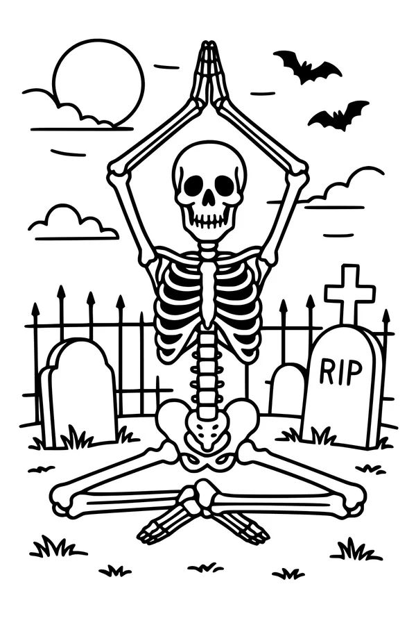 Free Skeleton Coloring Page - Moonlight Yoga in a Spooky Graveyard (Printable PDF)
