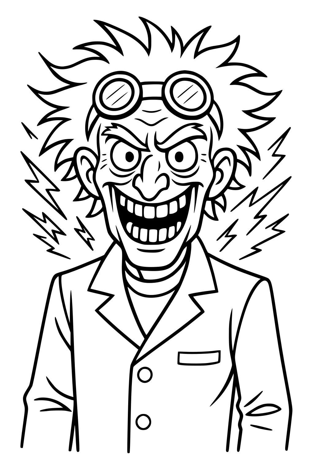 Cartoon mad scientist with wild spiky hair, goggles on his head, a huge grin, lab coat, and lightning bolts crackling behind.
