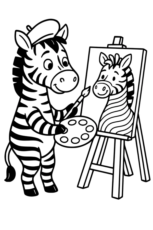 Free Zebra Coloring Page - Cartoon Artist Painting Self-Portrait (Printable PDF)