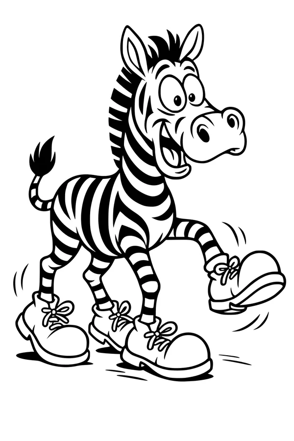 Free Zebra Coloring Page - Cartoon Zebra in Oversized Shoes (Printable PDF)