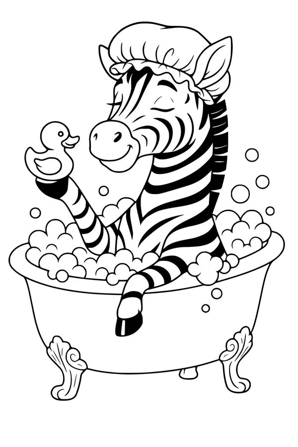 Free Zebra Coloring Page - Bubble Bath With Rubber Duck (Printable PDF)
