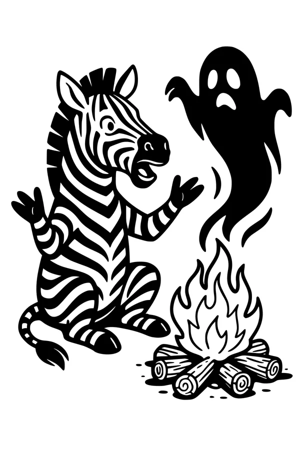 Free Zebra Coloring Page - Spooky Campfire Ghost Scene (Printable PDF)