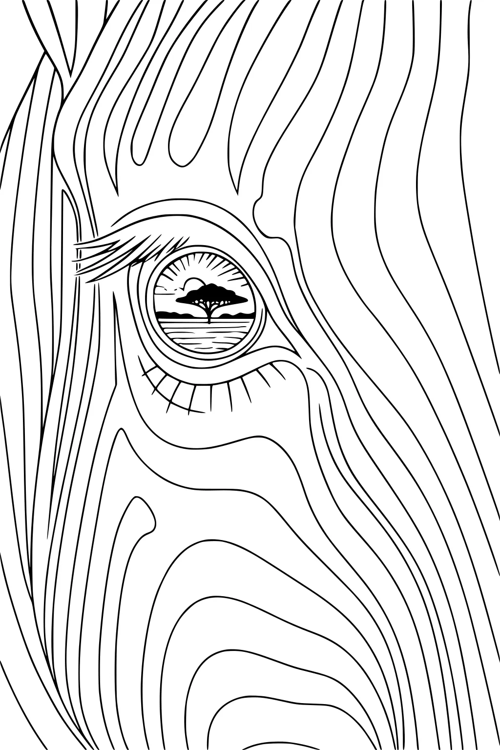 Close-up zebra face with flowing stripes and an eye reflecting a savanna tree, sun, clouds, and rippled water.