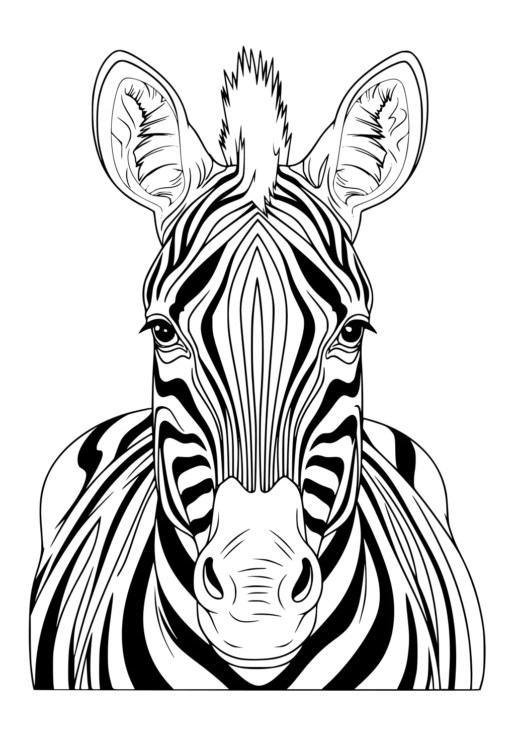 Front-facing zebra head with upright mane, wide ears, and bold black-and-white stripes down face and shoulders.