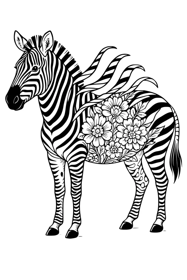 Free Zebra Coloring Page - Striped Zebra With Flowery Belly Patch (Printable PDF)