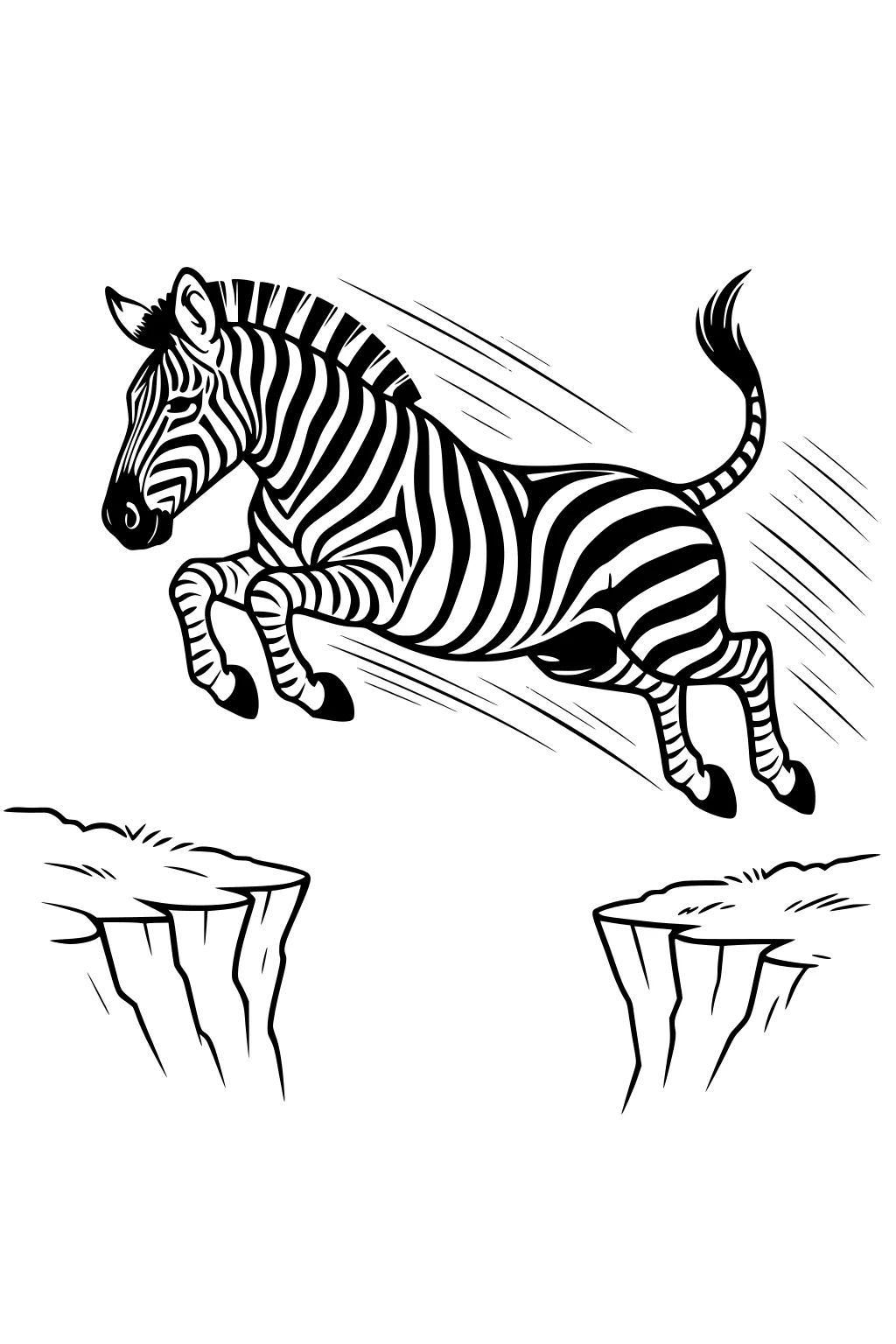 Zebra with bold stripes leaping a gap between two rocky ledges, tail raised, hooves tucked, motion lines show speed.