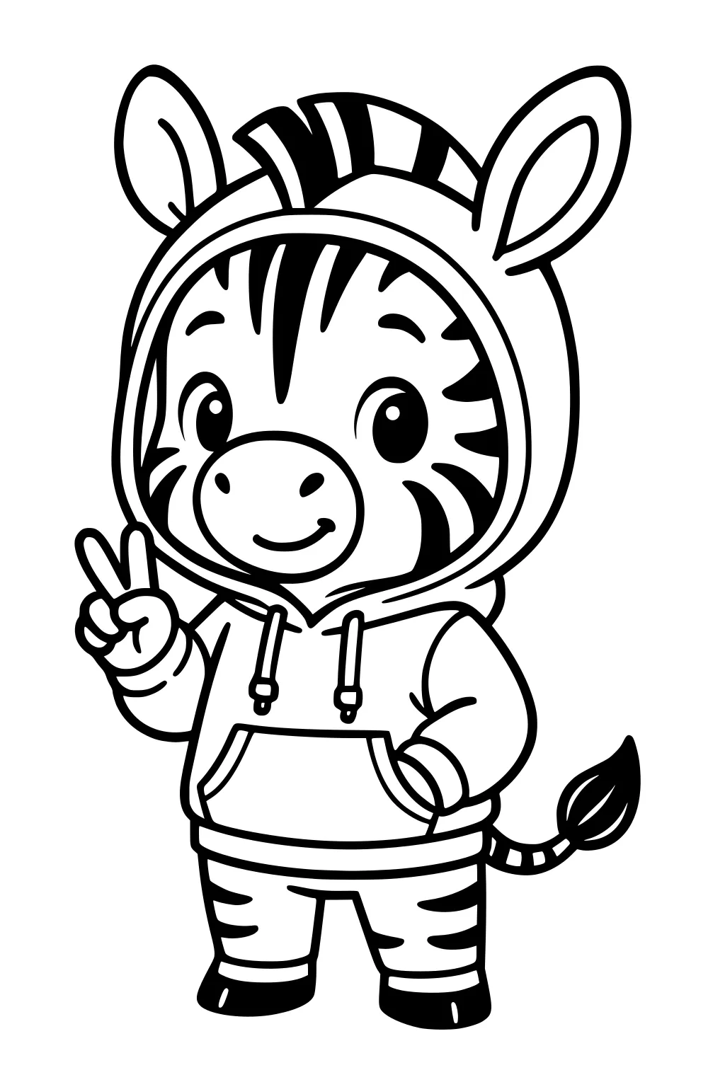 Cartoon zebra in a hoodie giving a peace sign, one hoof in pocket, striped legs, big ears, and a tufted tail, bold outlines.