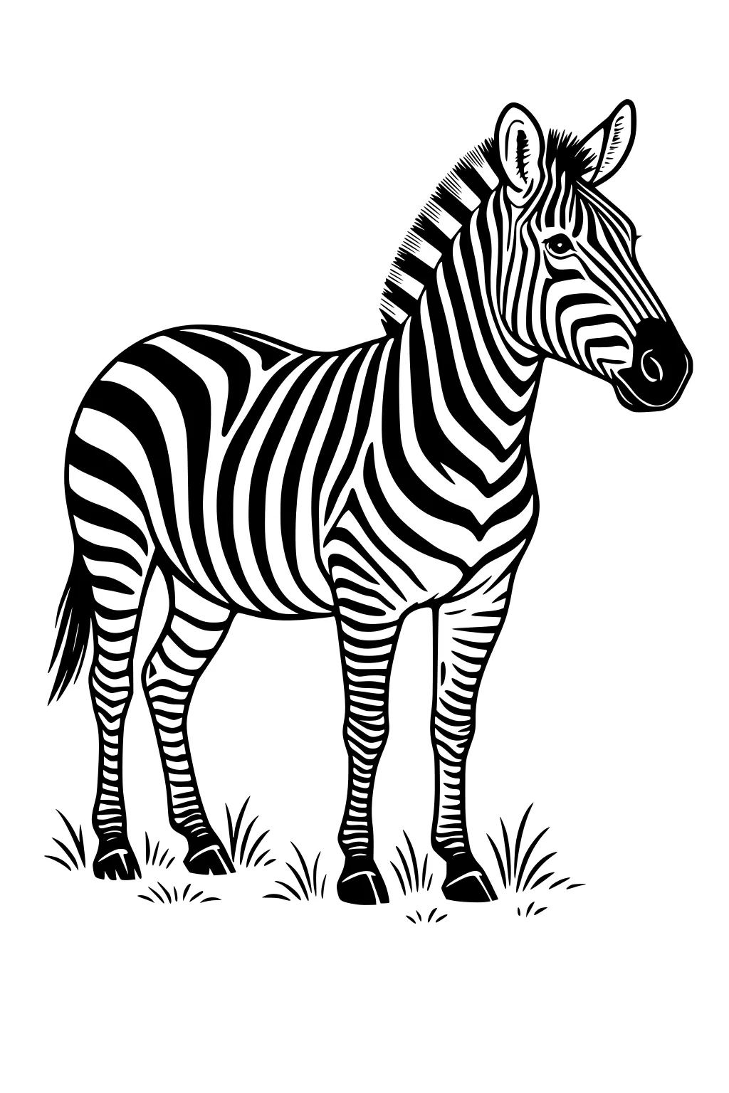 Outline zebra stands on small grass tufts, side view. Bold stripes, short mane, perked ears, dark hooves, and a tail tuft.