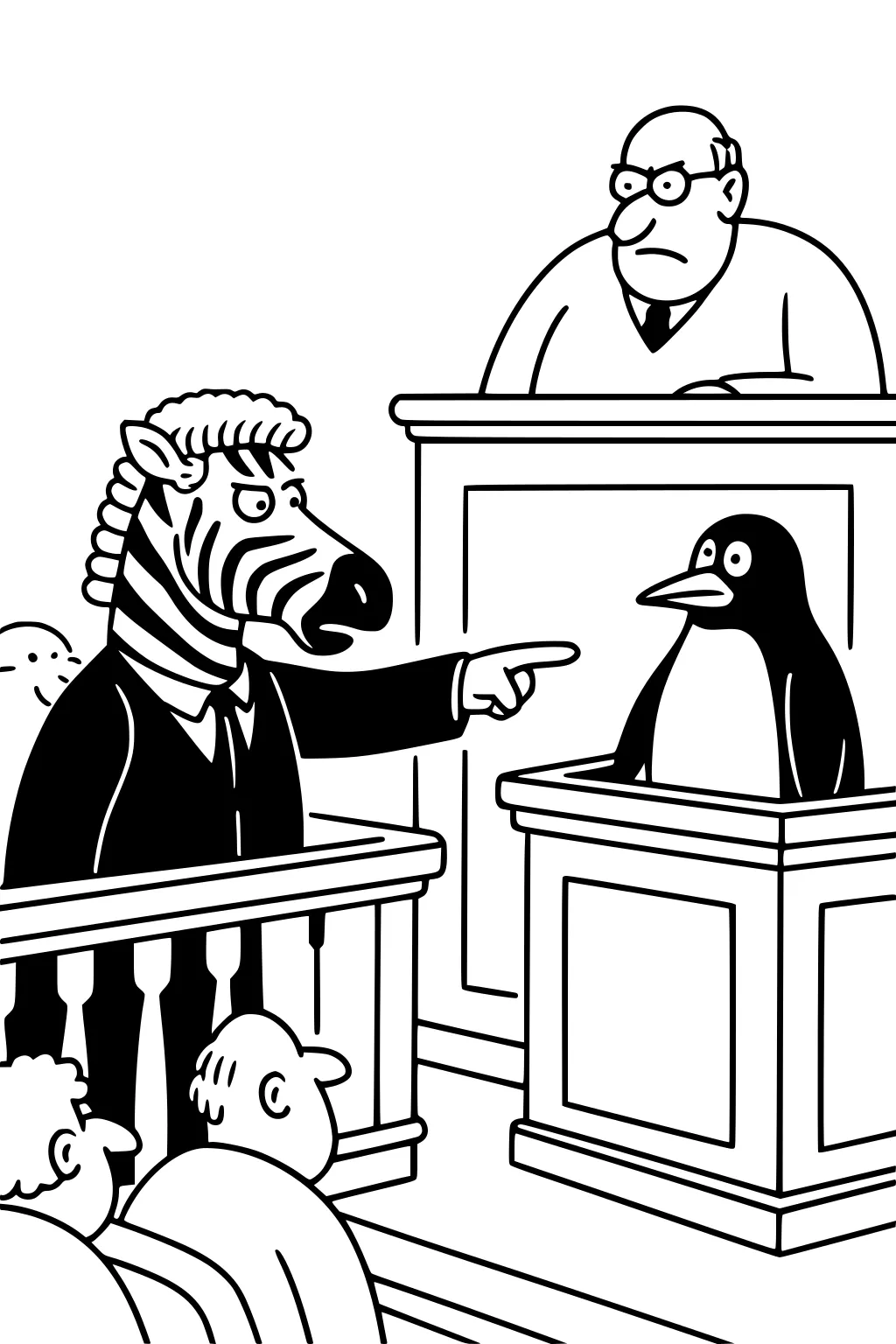 Zebra lawyer points at a penguin in a witness box; stern judge and two spectators in a simple courtroom.