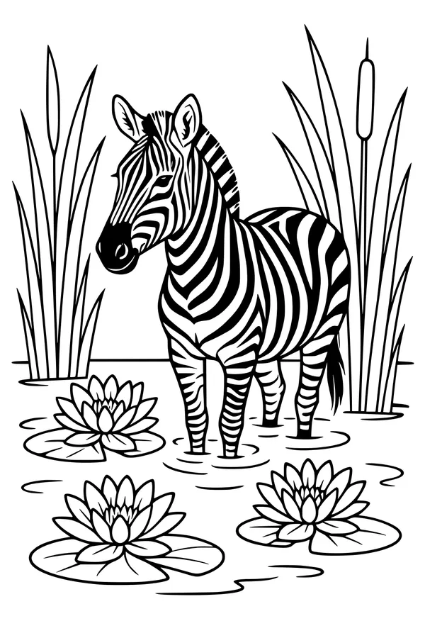 Free Zebra Coloring Page - Striped Zebra at Lily Pond (Printable PDF)