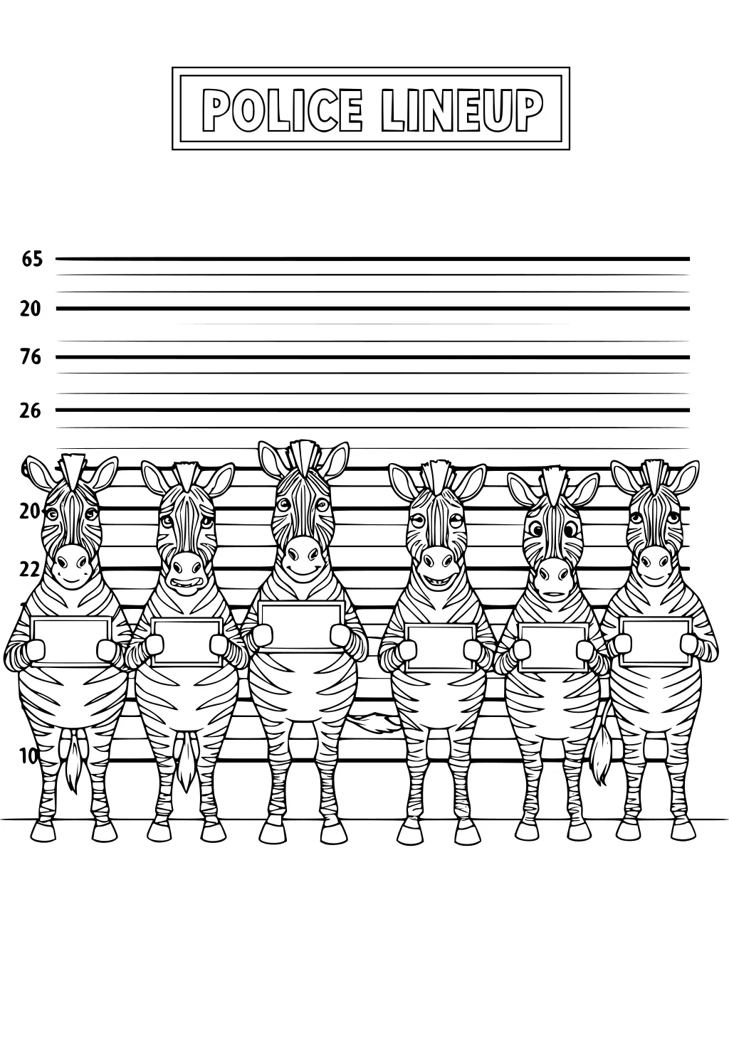 Six cartoon zebras in a police lineup, holding blank signs before height lines, with bold stripes, big ears and floor shadows.