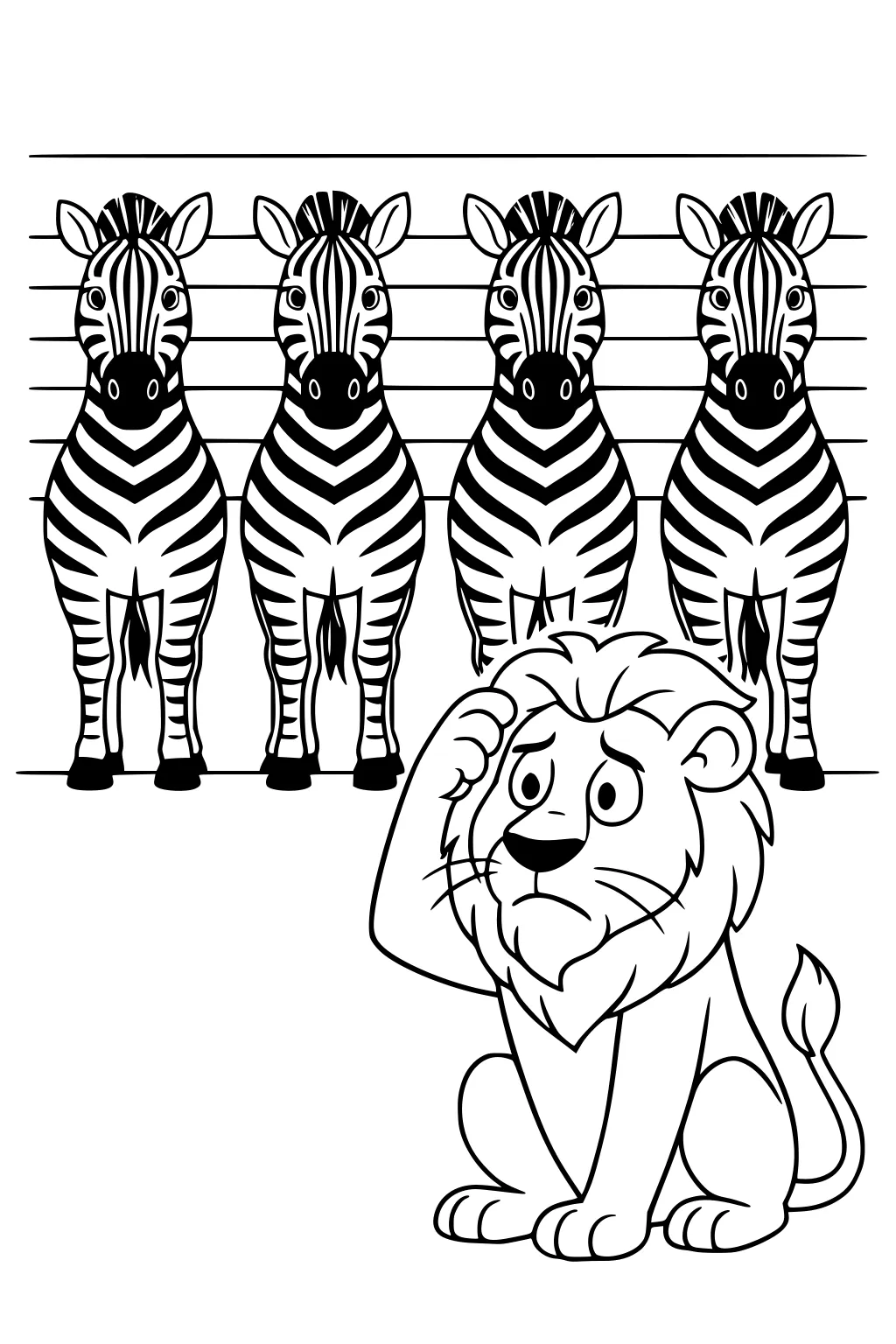 Four zebras stand in a lineup against height lines while a worried cartoon lion sits in front, scratching his mane.