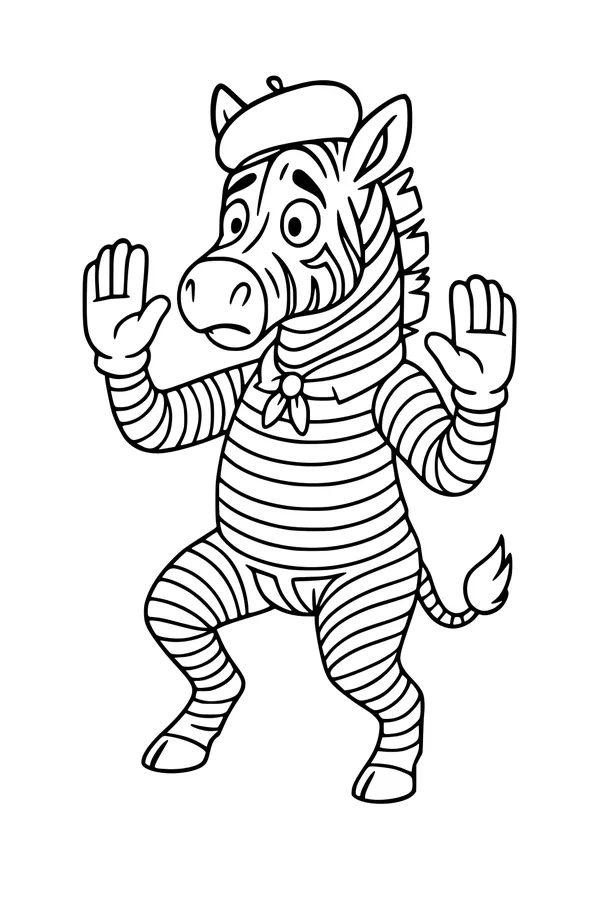 Free Zebra Coloring Page - Cartoon Mime in Beret and Scarf (Printable PDF)