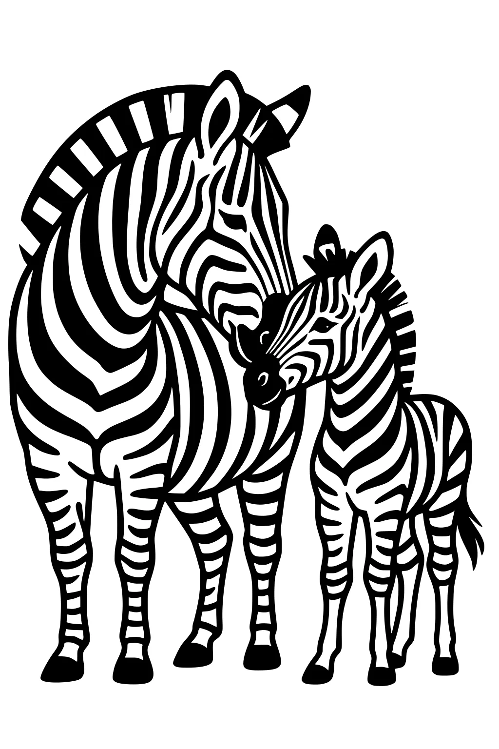 Mother zebra stands while her foal sleeps on grass, both with bold stripes and simple grass tufts.