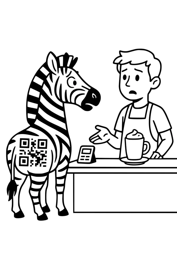Free Zebra Coloring Page - Cafe Checkout With QR Code (Printable PDF)