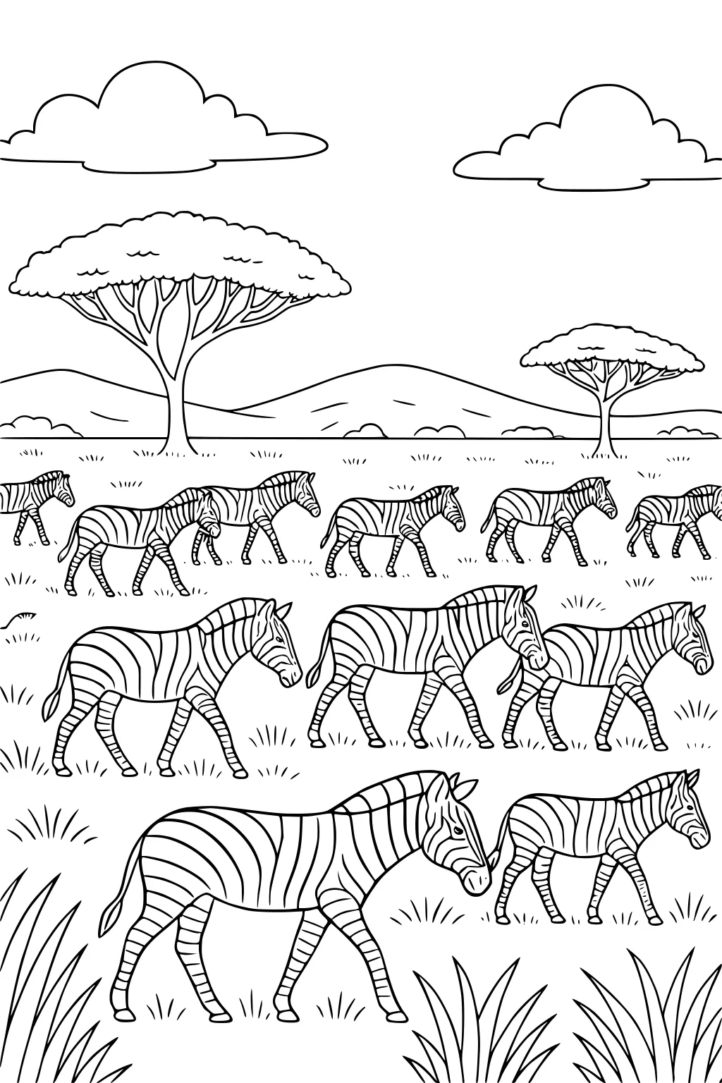 Herd of zebras walking through grassy savanna with acacia trees, rolling hills, and clouds; many stripes and tufts of grass in foreground.
