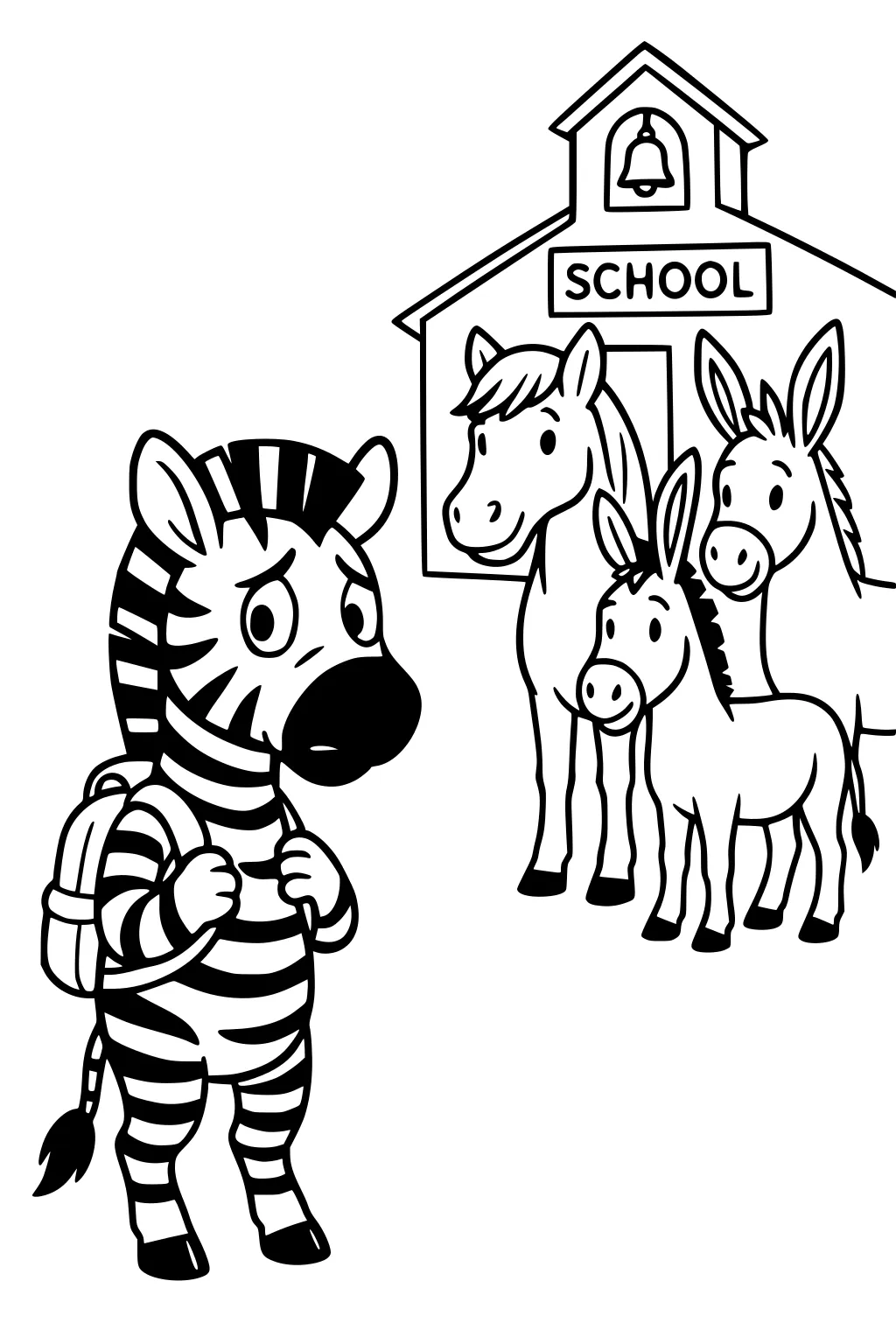 Nervous zebra boy with a backpack faces smiling horse and donkeys outside a schoolhouse with bell and SCHOOL sign.