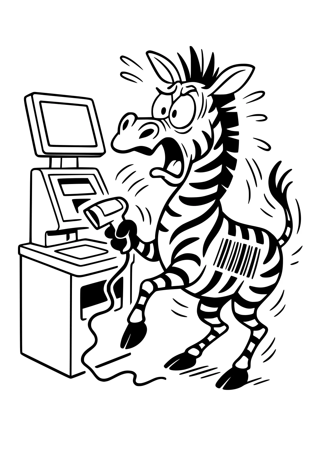 Cartoon zebra at a self-checkout holds a barcode scanner toward the barcode on his side, eyes wide, mouth open, tail and mane raised.