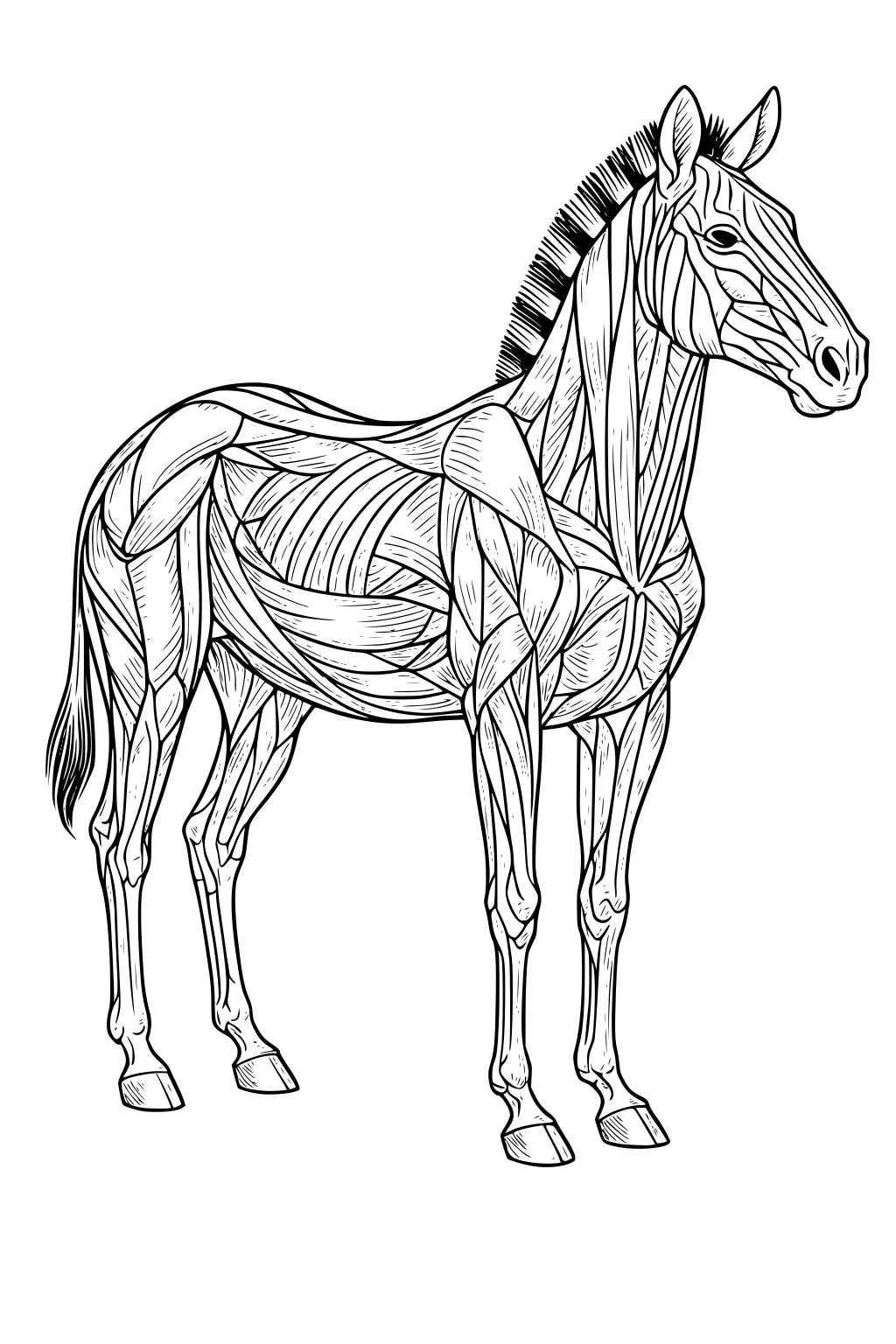 Side-view zebra with upright mane, many stripe sections on body and legs, long tail and neat hooves, standing on a blank background.