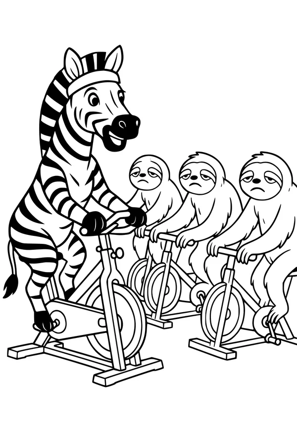 Free Zebra Coloring Page - Leading Sleepy Sloths in Spin Class (Printable PDF)
