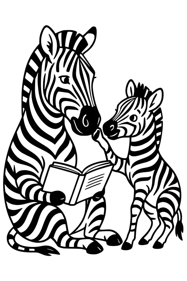 Free Zebra Coloring Page - Mother And Baby Reading Together (Printable PDF)