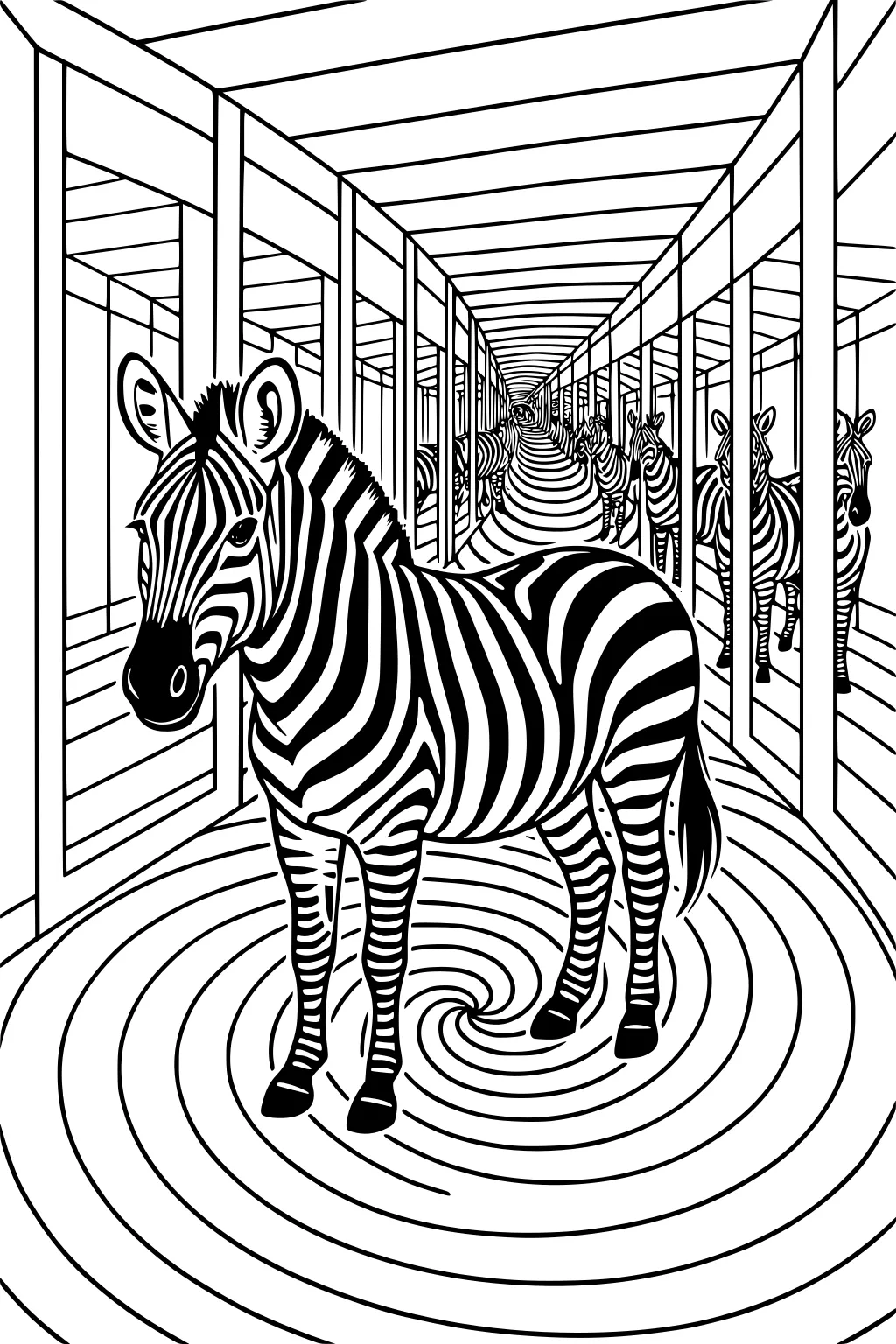Front zebra with bold stripes stands on spiral floor in a long columned hallway, more zebras line the path, strong perspective lines.