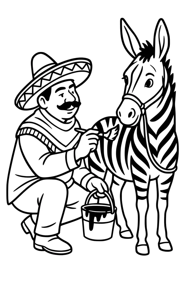 Free Zebra Coloring Page - Man Painting Stripes in Sombrero (Printable PDF)