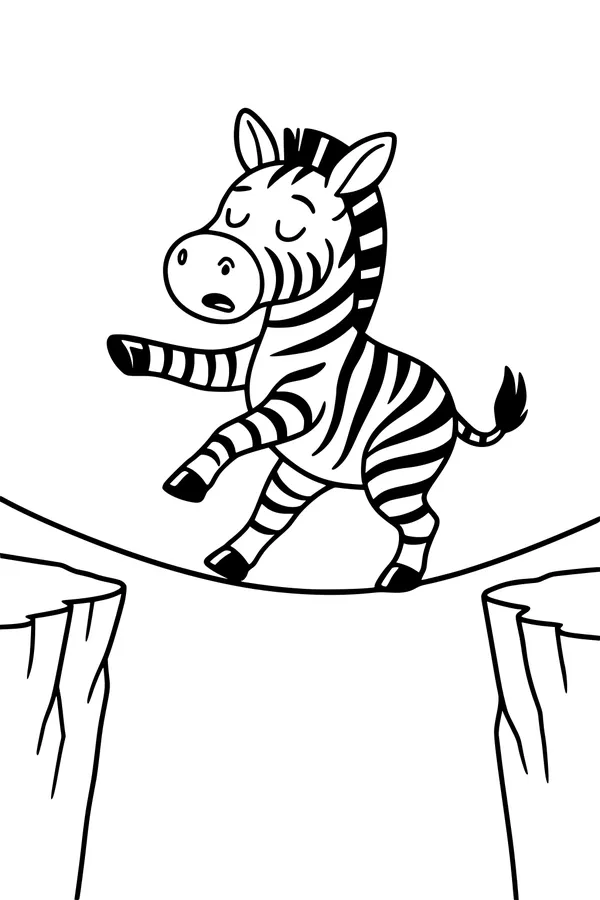 Free Zebra Coloring Page - Sleepy Tightrope Walker Between Cliffs (Printable PDF)