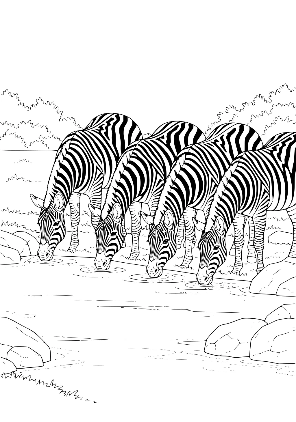 Five zebras drink at a watering hole with ripples and reflections, surrounded by rocks, grass, and shrubs.