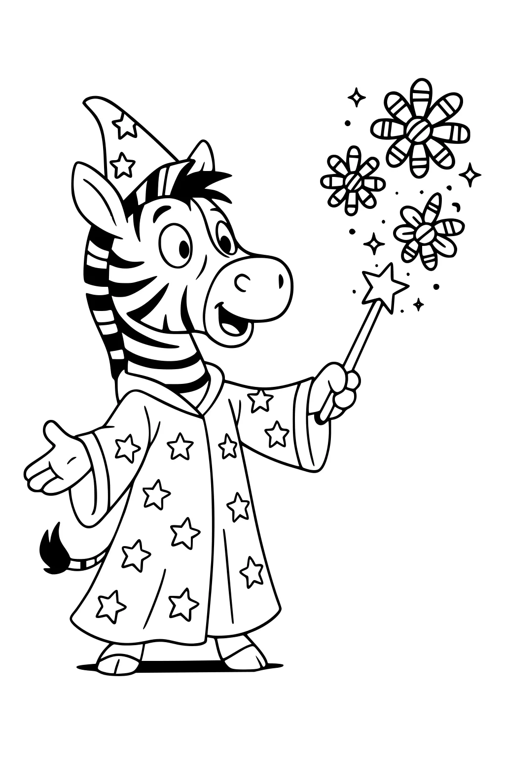 Cartoon zebra wizard in star hat and robe, waving a star wand that makes sparkles and flower bursts, smiling with one arm open.