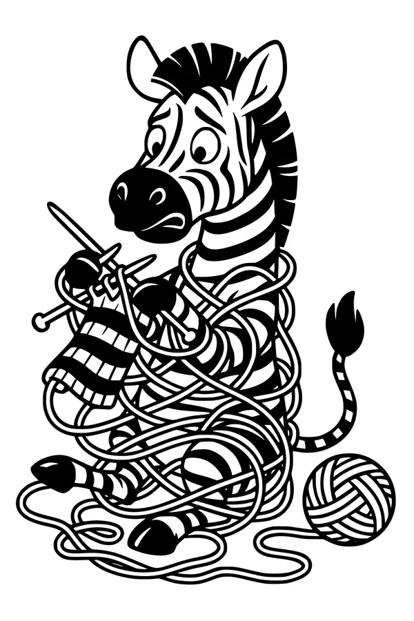 Free Zebra Coloring Page - Knitting a Tangled Striped Scarf (Printable PDF)