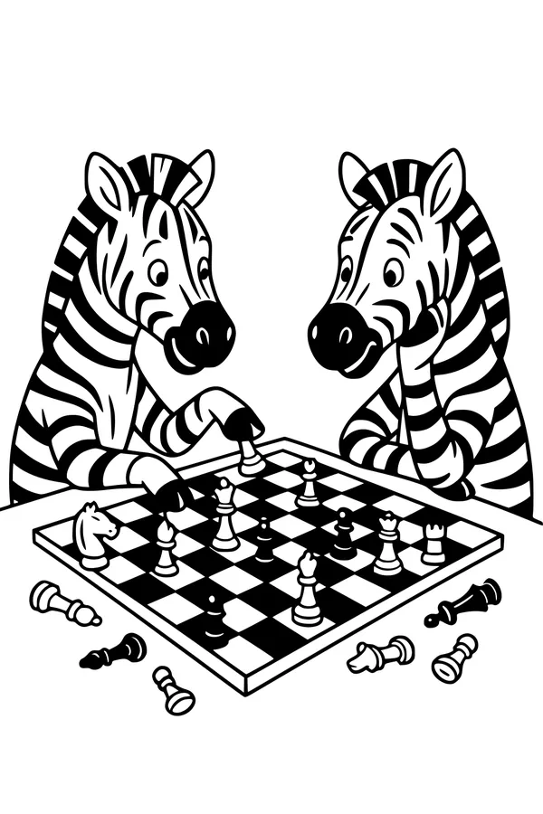 Free Zebra Coloring Page - Cartoon Zebras Playing Chess (Printable PDF)
