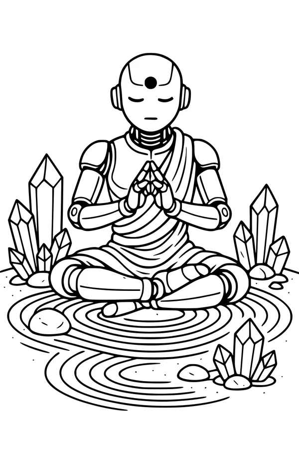 Free Robot Coloring Page - Meditating Android in Zen Garden (Printable PDF)