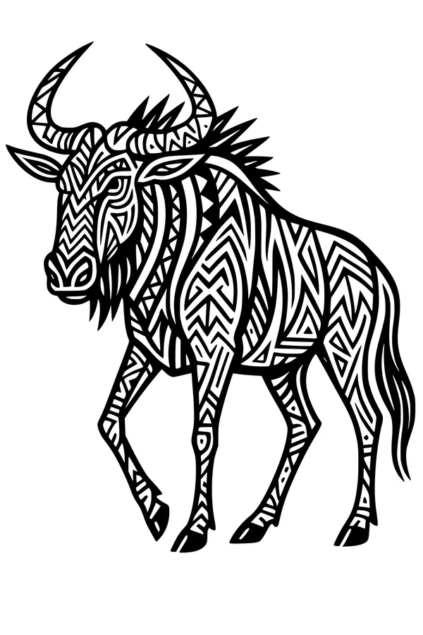 Free Wildebeest Coloring Page - Stylized Safari Gnu With Geometric Patterns (Printable PDF)