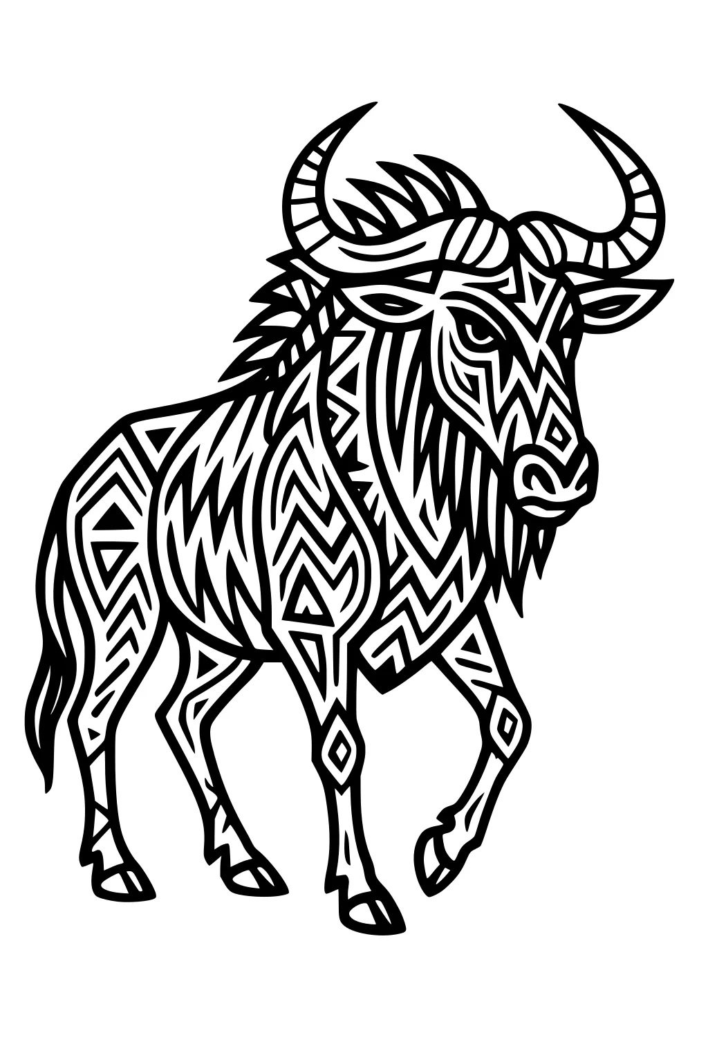 Stylized wildebeest with curved horns and tribal geometric patterns, one hoof lifted, bold black outlines.