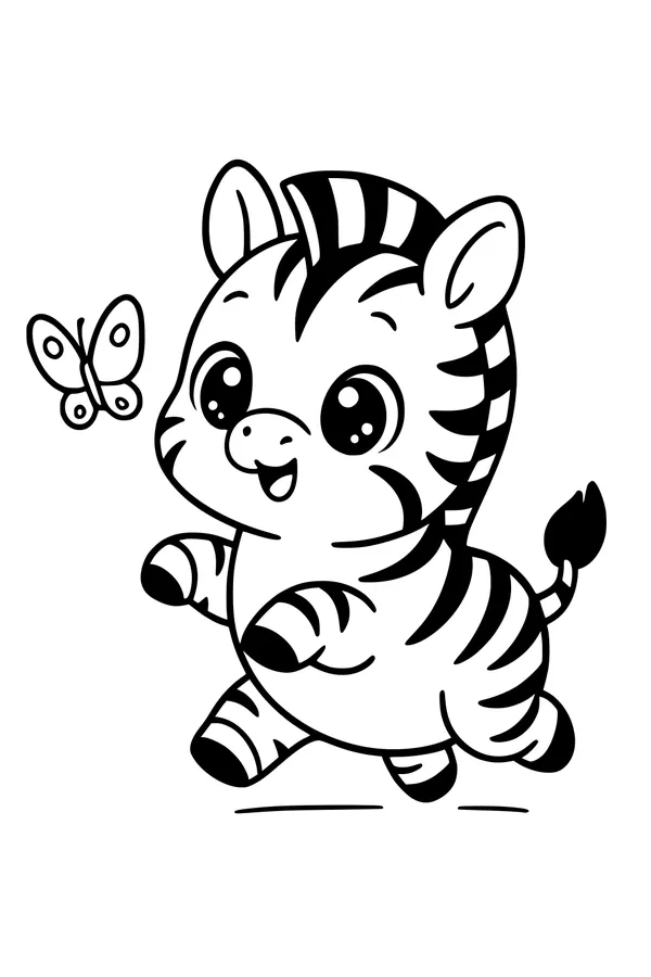 Free Zebra Coloring Page - Baby Zebra Trotting With Butterfly (Printable PDF)