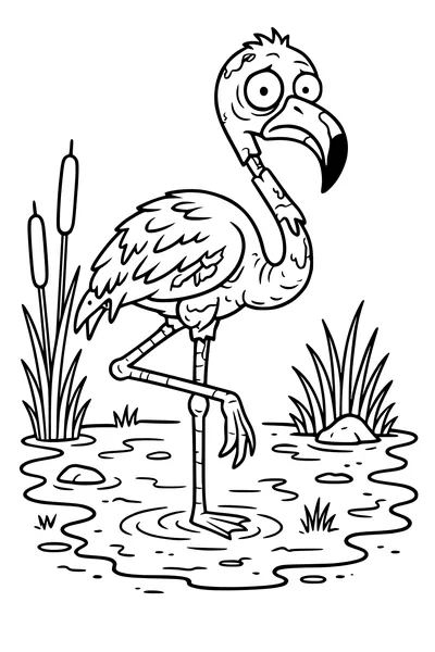Free Zombie Flamingo Coloring Page - Spooky Halloween Swamp Scene (Printable PDF)
