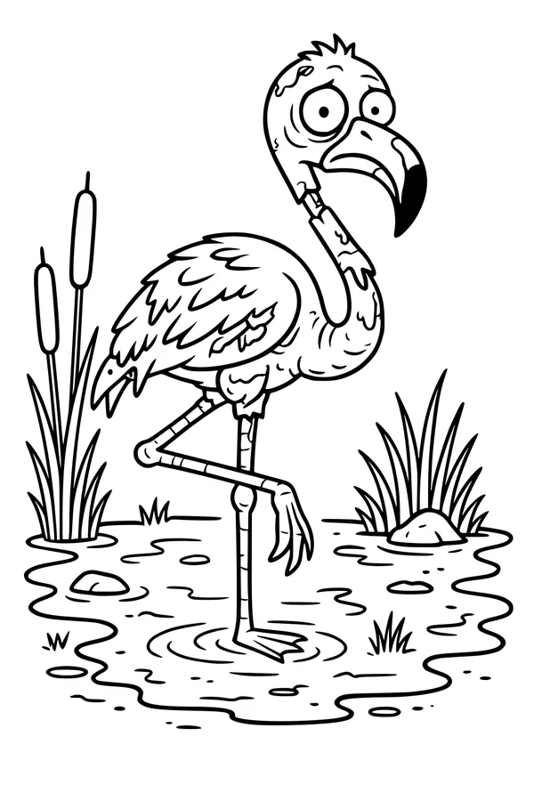 Free Zombie Flamingo Coloring Page - Spooky Halloween Swamp Scene (Printable PDF)