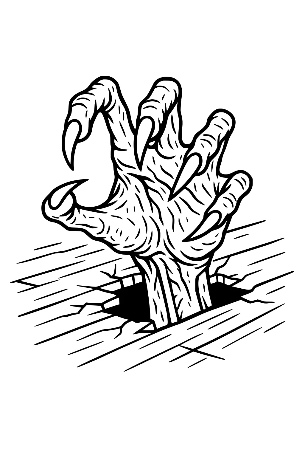 Zombie hand with long claws rising from a hole in cracked wooden floorboards, shown in bold black line art.